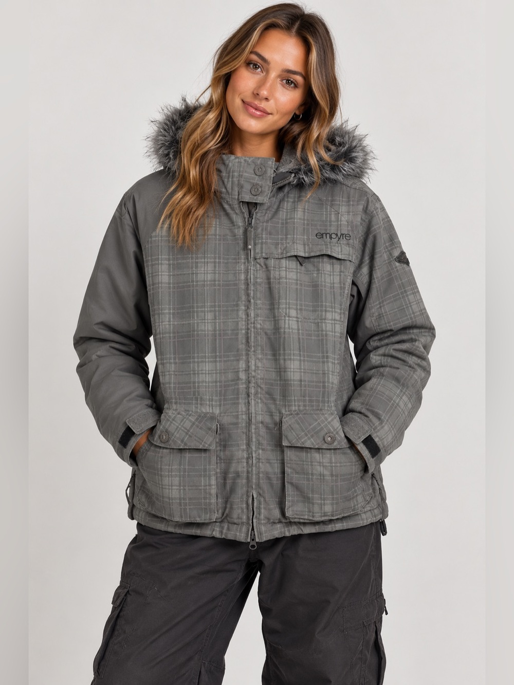 Empyre Gray Plaid Snowboard Ski Jacket Faux Fur Hood | Size L - Picture 3 of 13